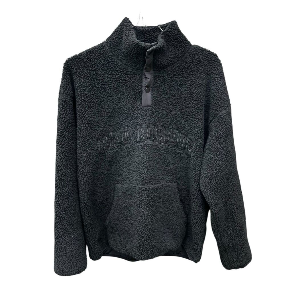 Bad Birdie Jacket Mens M Black Deep Pile Fleece Pullover Sweater Golf Snap